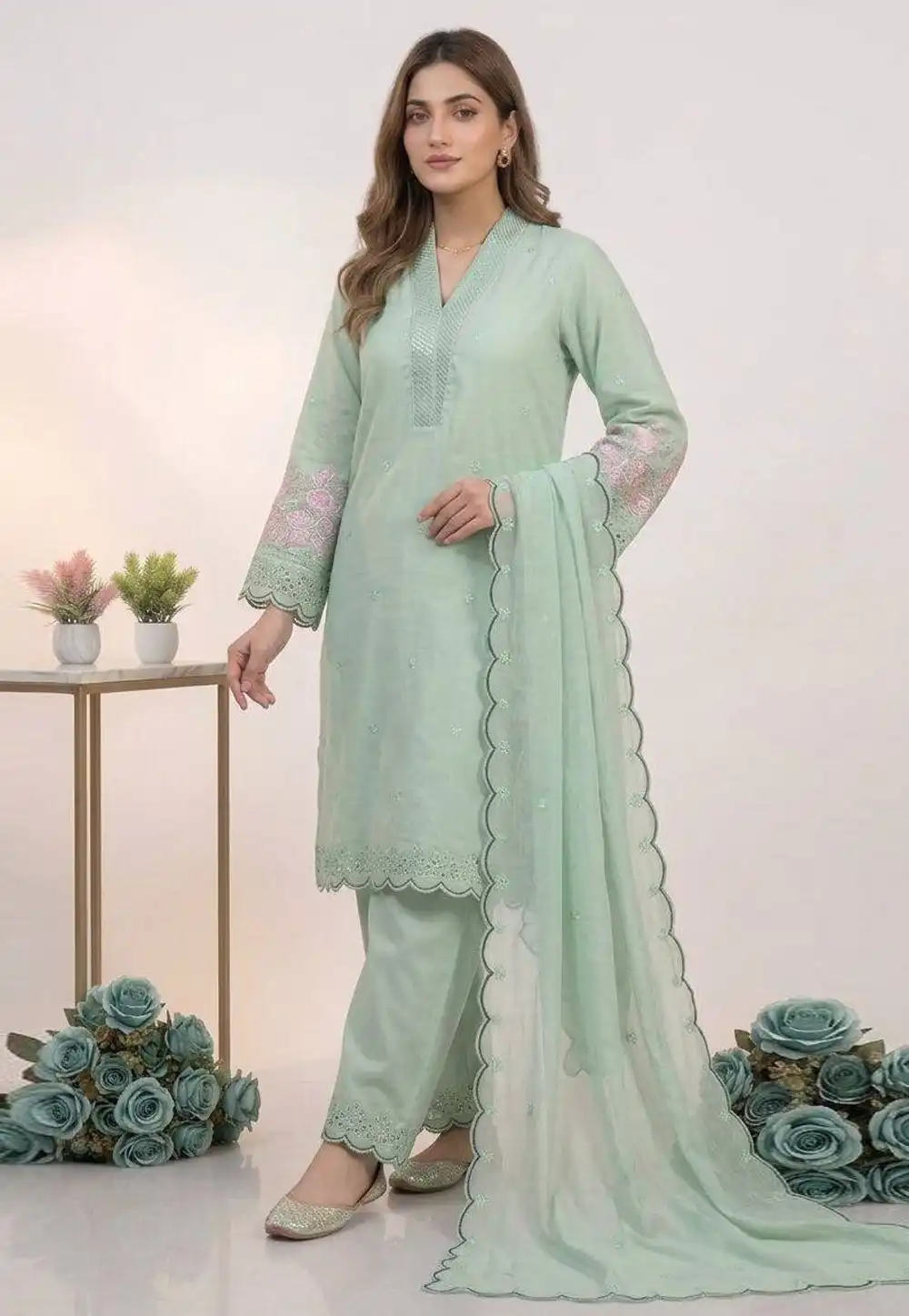 Sea Green Chanderi Silk Readymade Pant Style Suit 329079