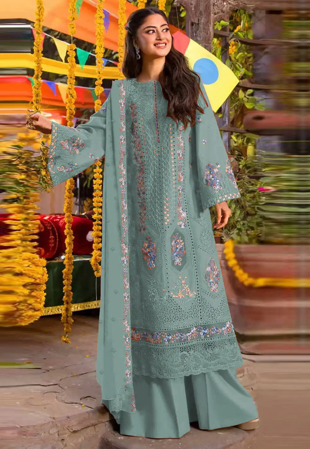 Sea Green Chiffon Embroidered Pakistani Suit 330099