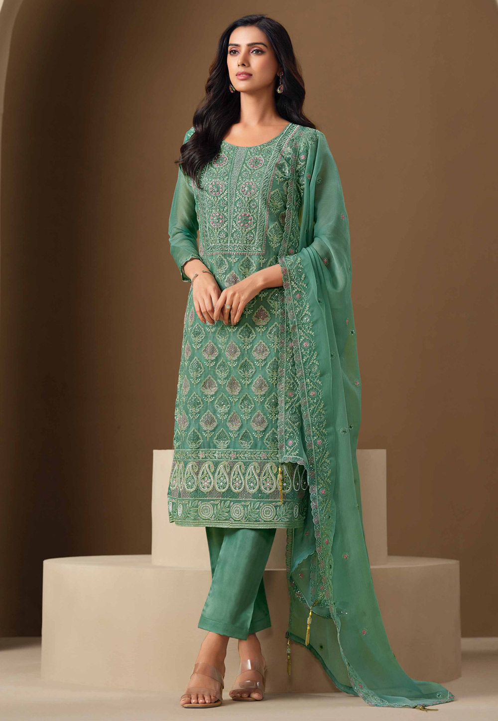 Sea Green Chiffon Embroidered Straight Suit 308932
