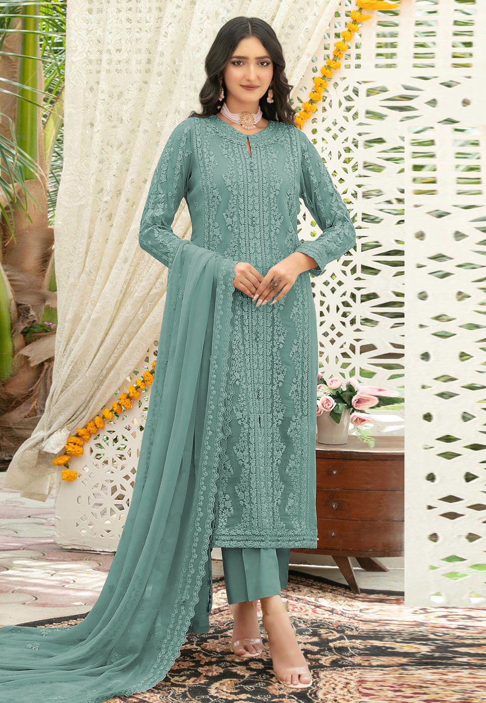Sea Green Chiffon Pakistani Suit 329158