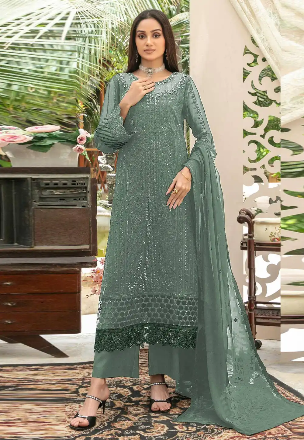 Sea Green Chiffon Pakistani Suit 329701