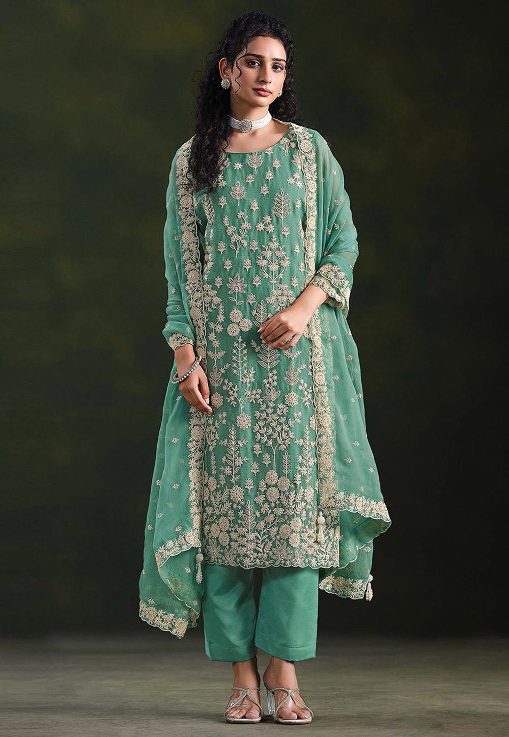 Sea Green Chiffon Pant Style Suit 324511