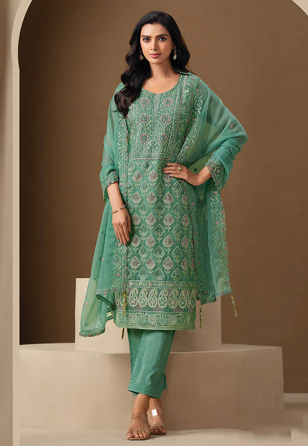 Sea Green Chiffon Pant Style Suit 324807