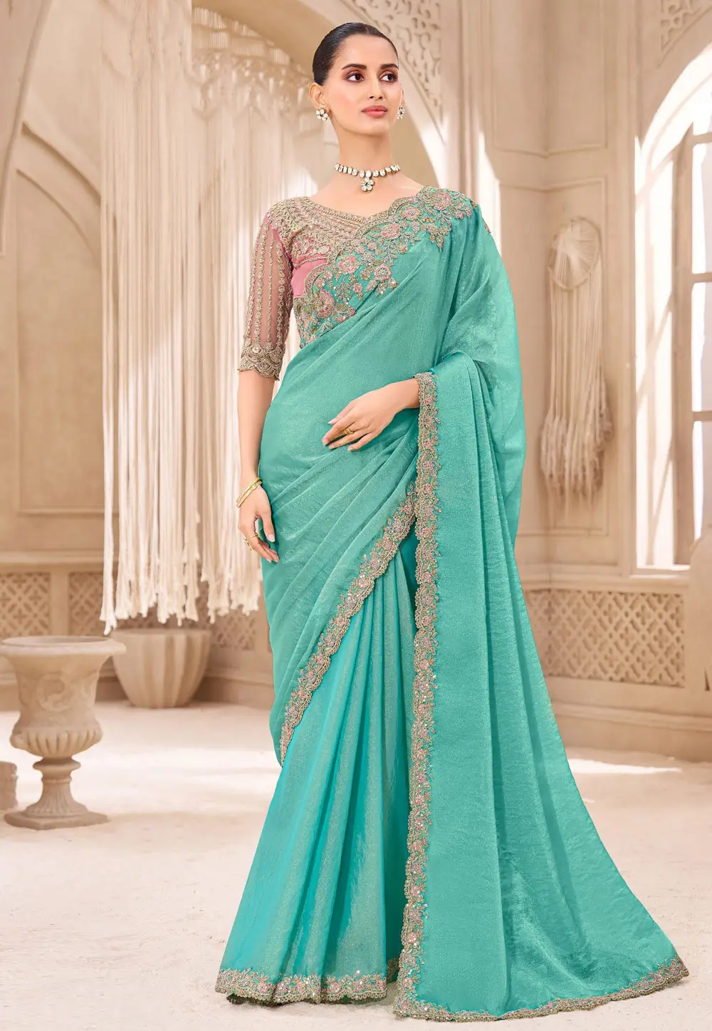 Sea Green Chiffon Saree With Blouse 336007