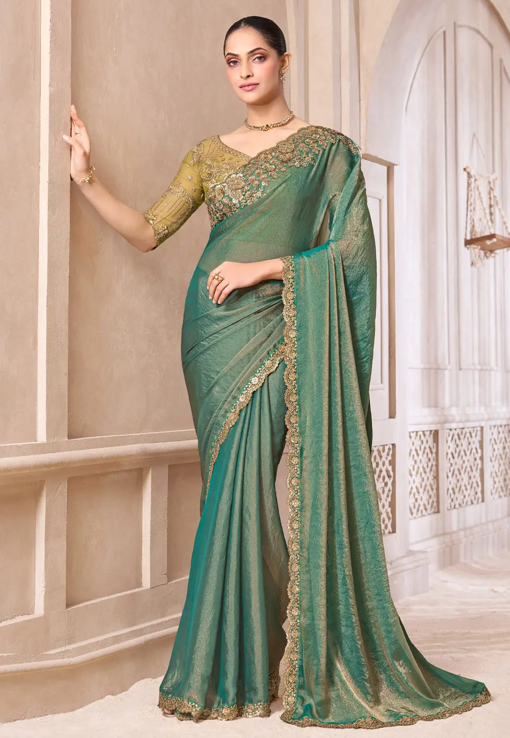 Sea Green Chiffon Saree With Blouse 336009