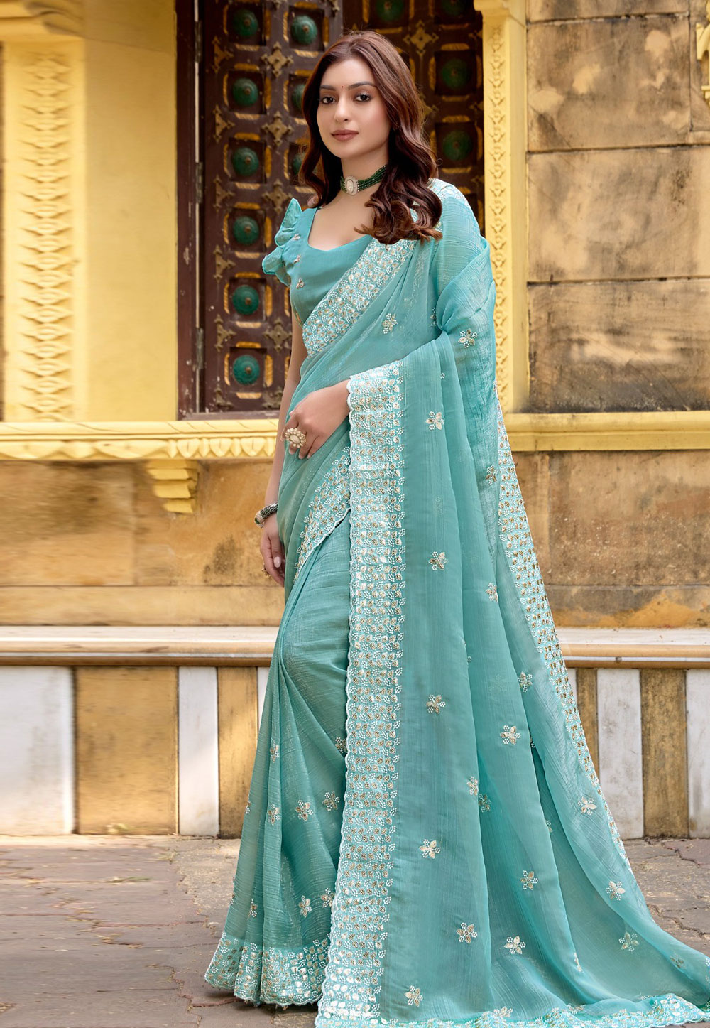 Sea Green Chiffon Saree With Blouse 305633