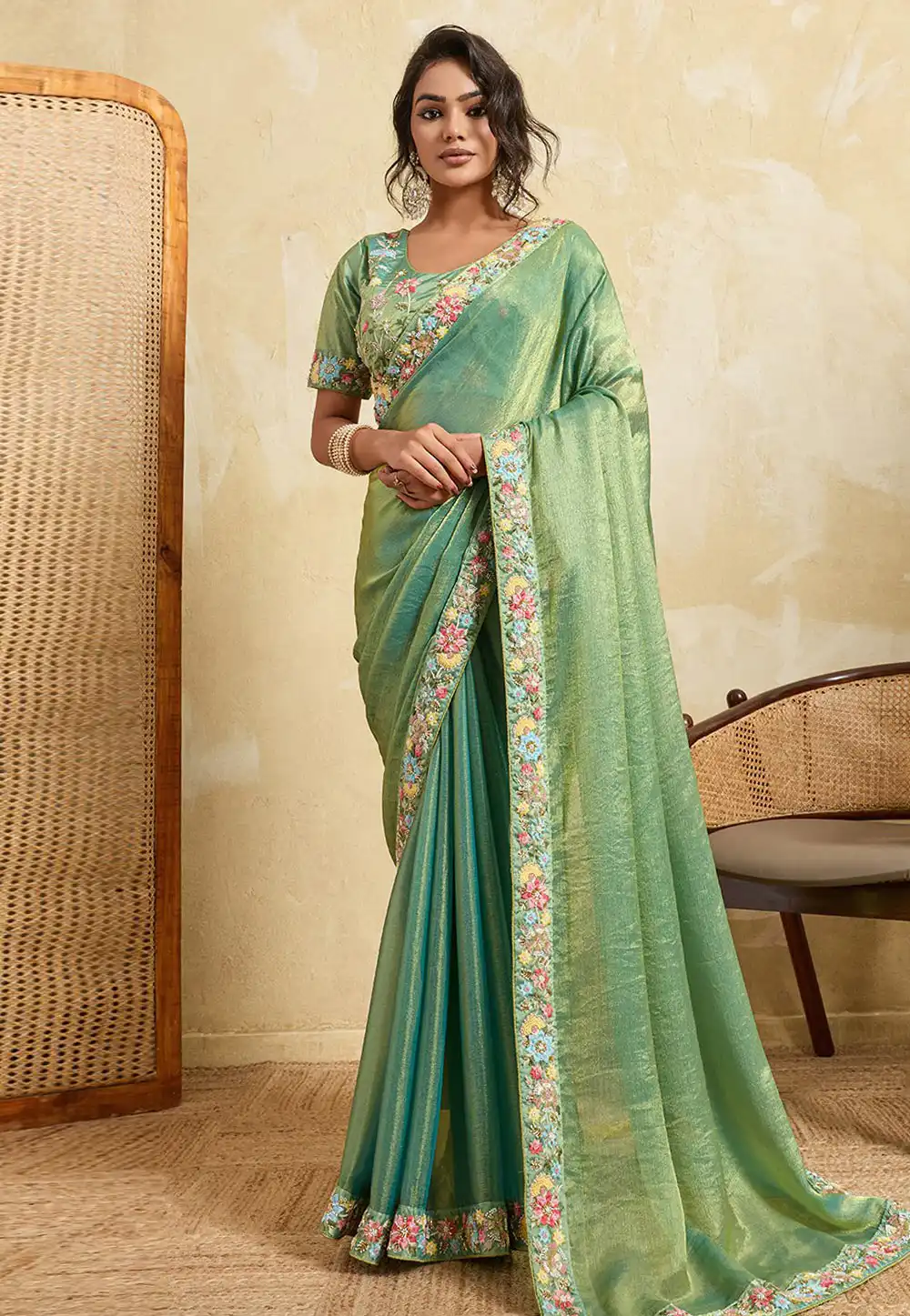 Sea Green Chiffon Saree With Blouse 325098