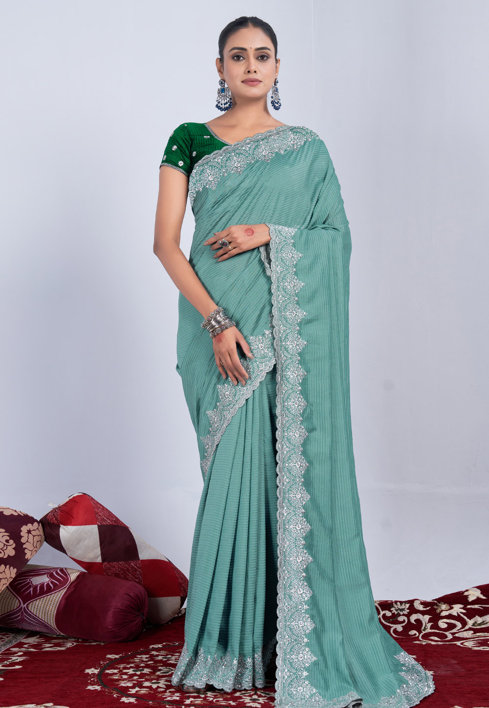 Sea Green Chiffon Saree With Blouse 285817