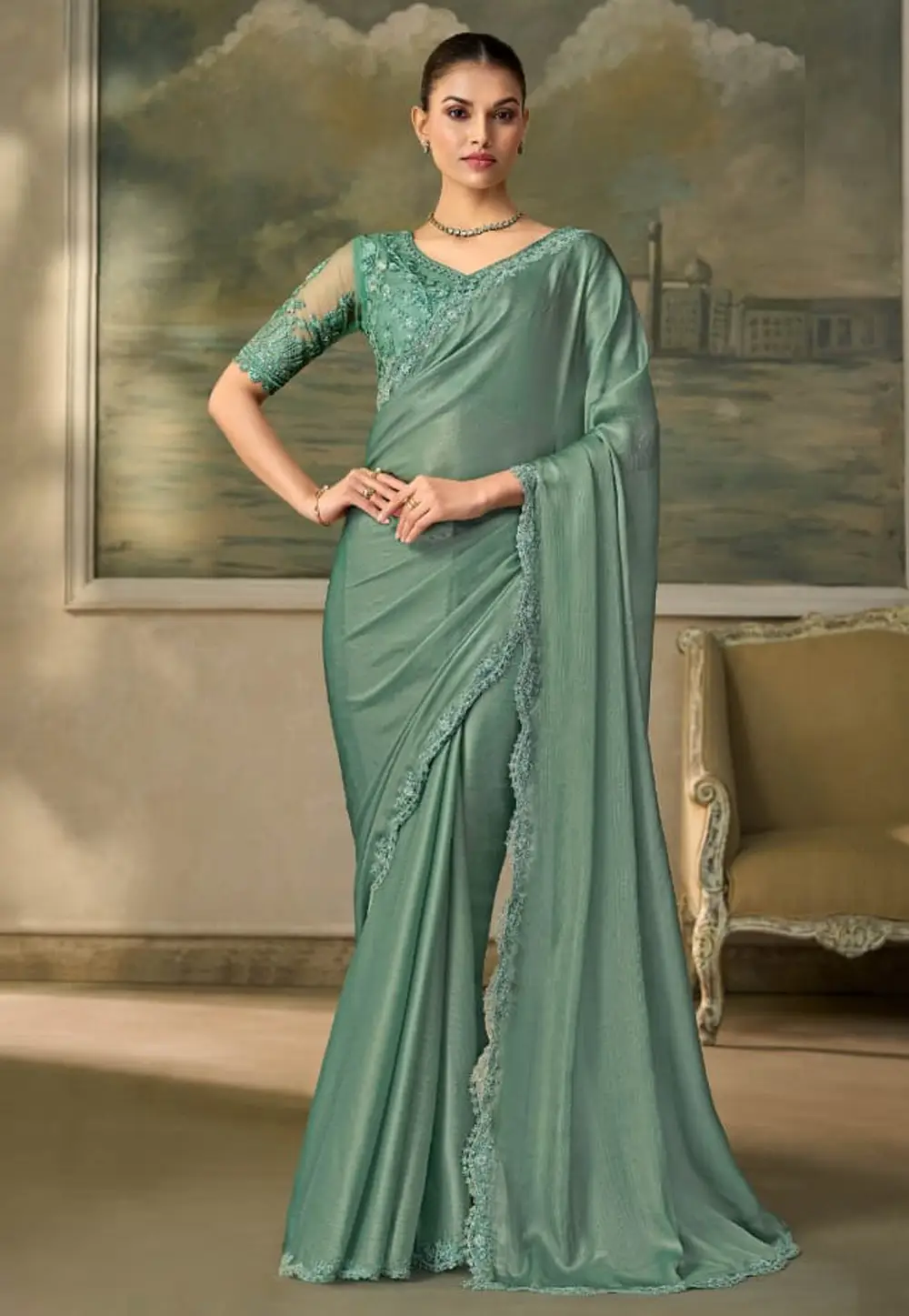 Sea Green Chiffon Saree With Blouse 333665