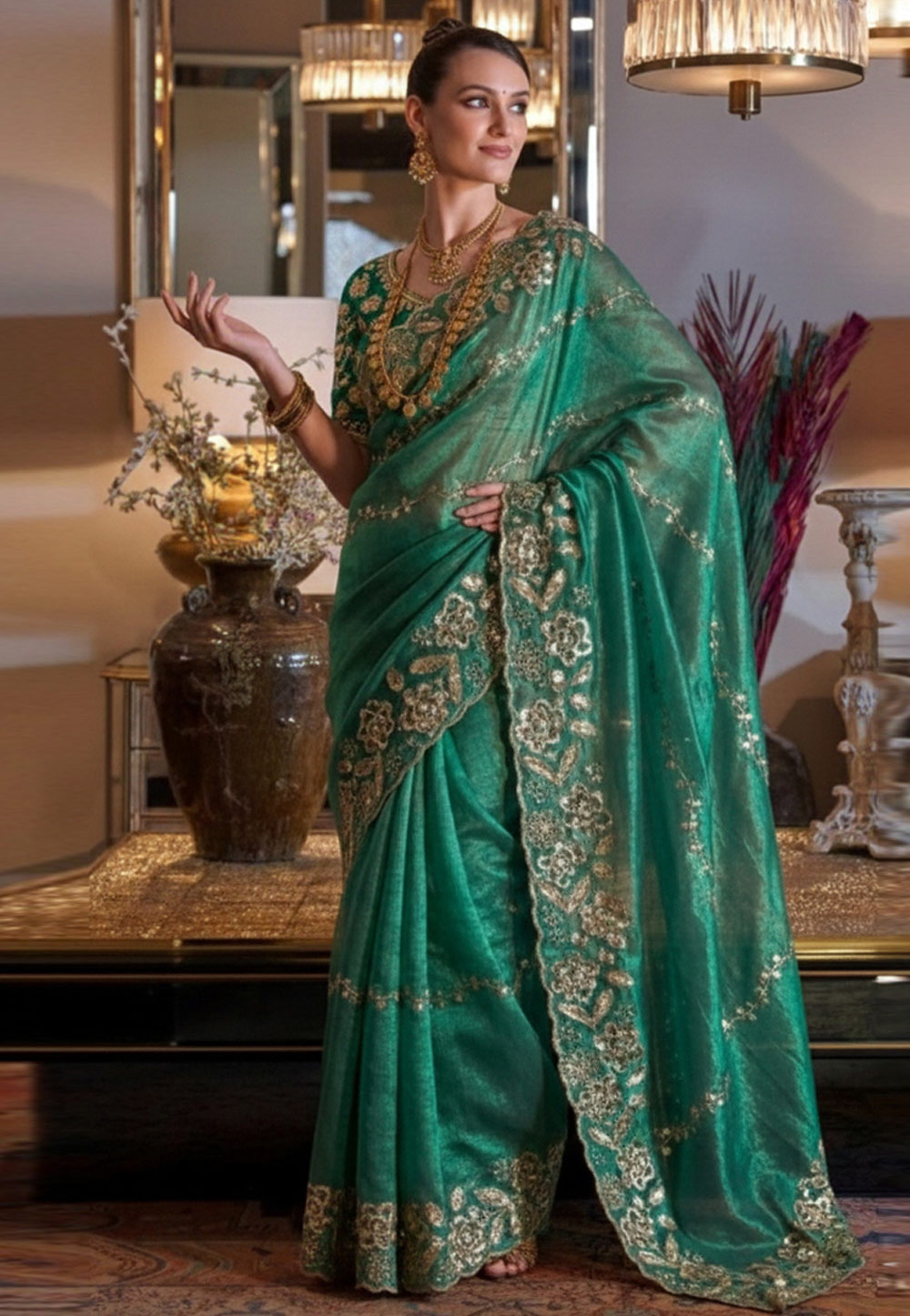 Sea Green Chiffon Saree With Blouse 330046