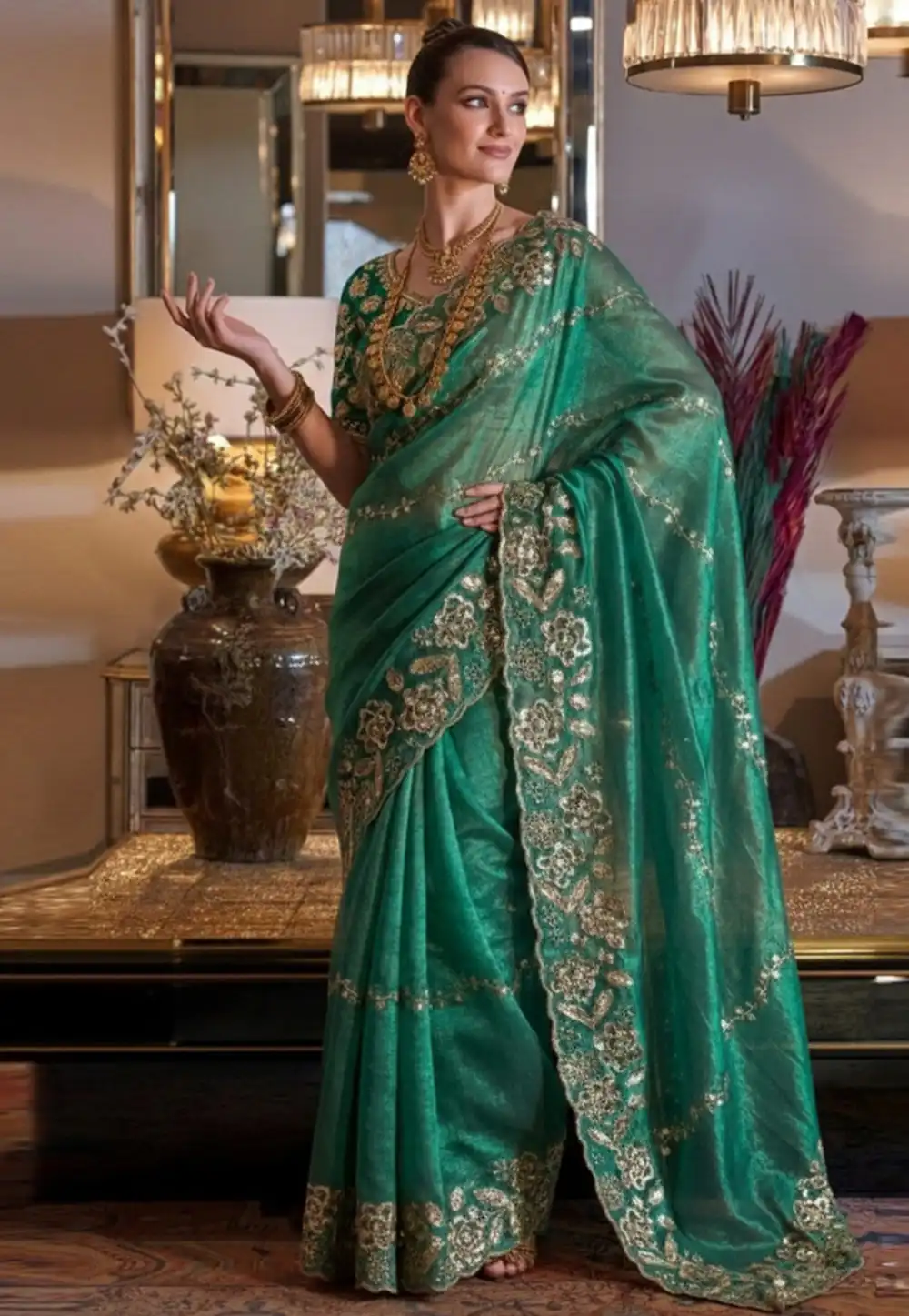 Sea Green Chiffon Saree With Blouse 330046