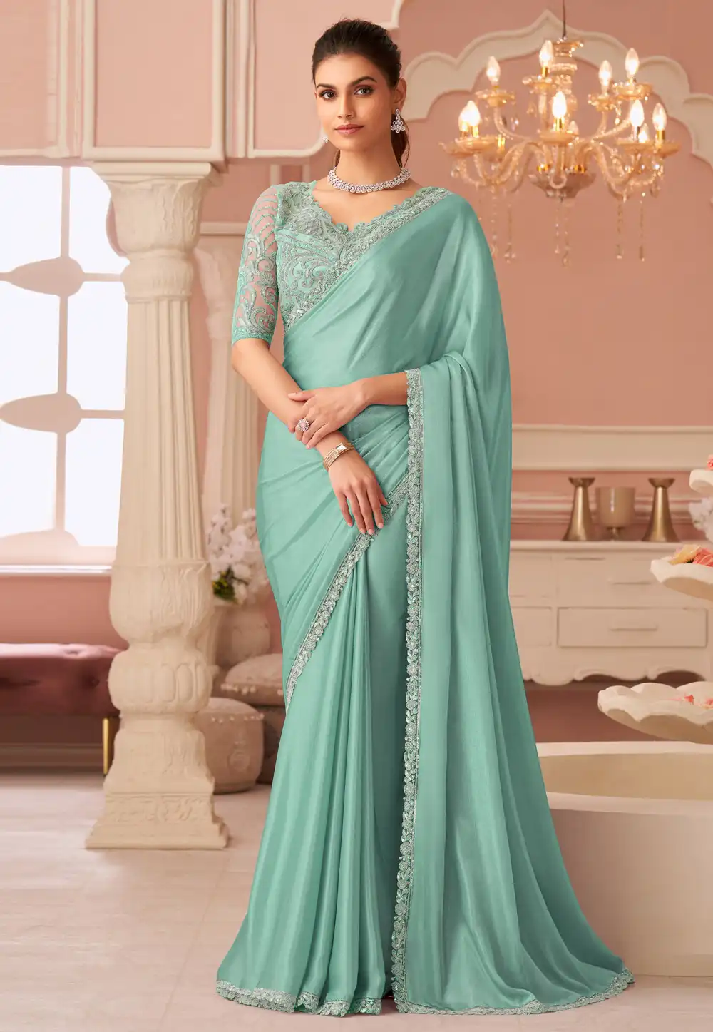 Sea Green Chiffon Shimmer Saree With Blouse 317002