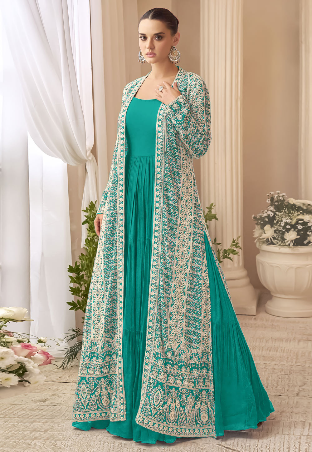 Sea Green Chinon Designer Gown 324872