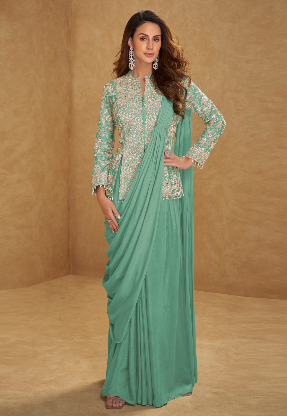 Sea Green Chinon Designer Saree 322791