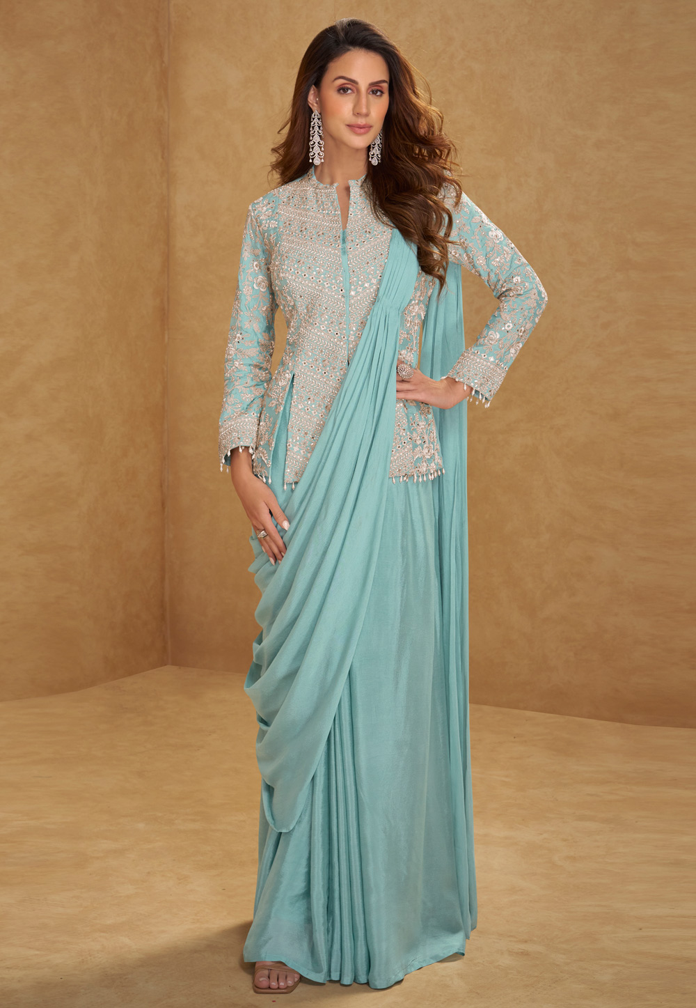 Sea Green Chinon Lehenga Saree 330118