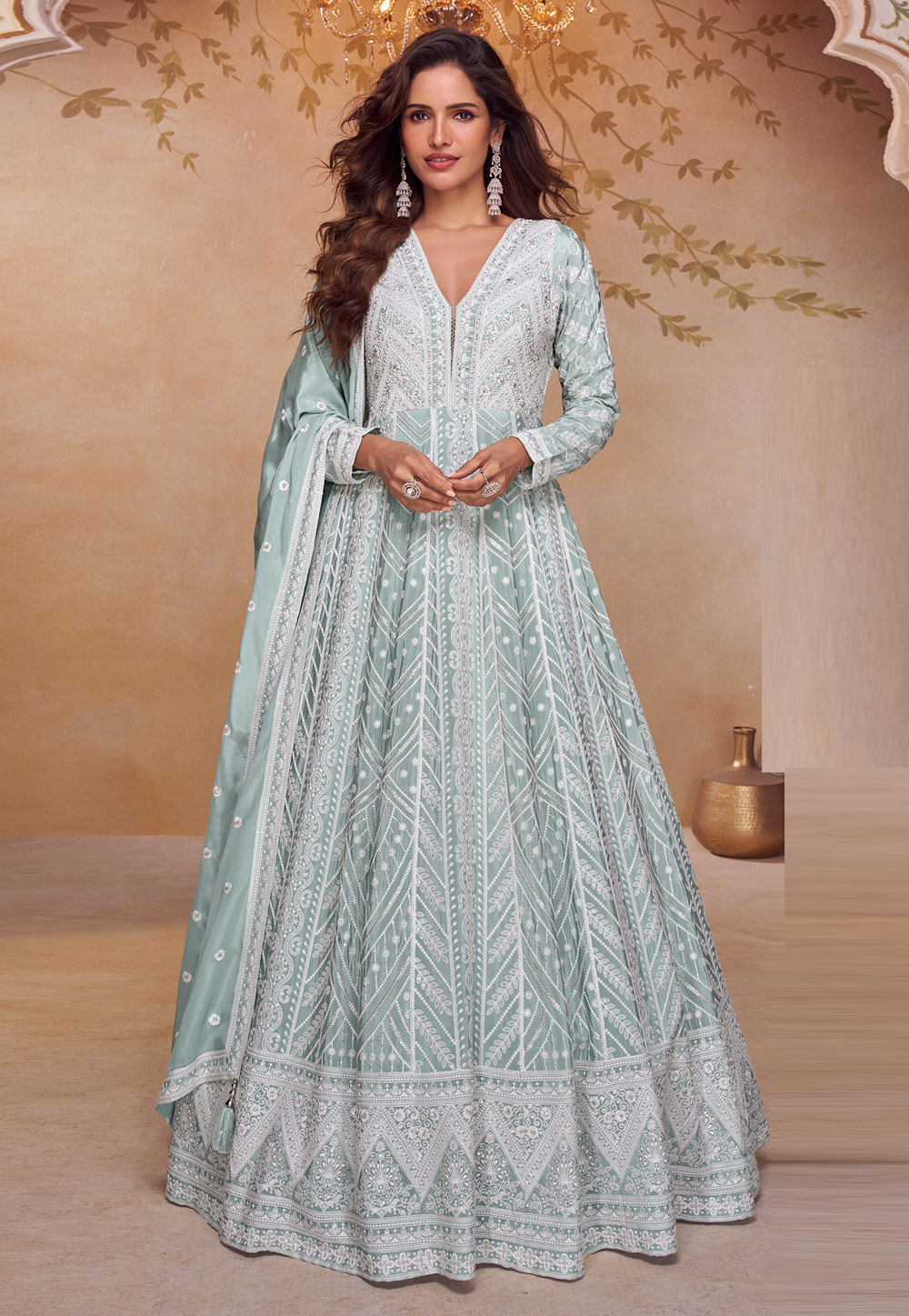 Sea Green Chinon Embroidered Long Anarkali Suit 328265