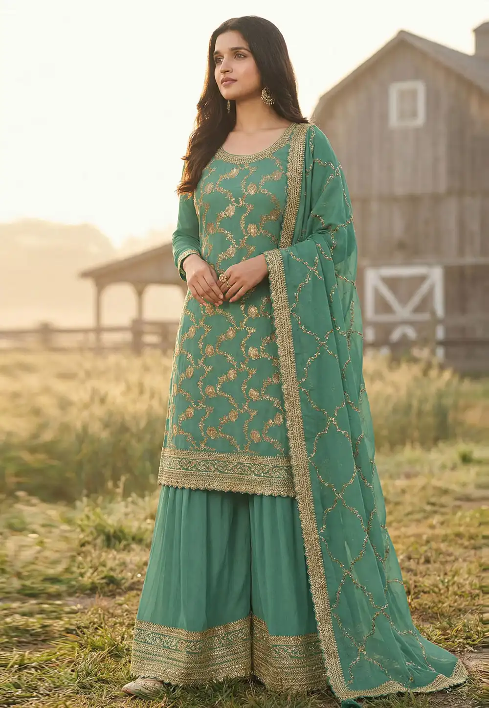 Sea Green Chinon Jacquard Pakistani Suit 325568