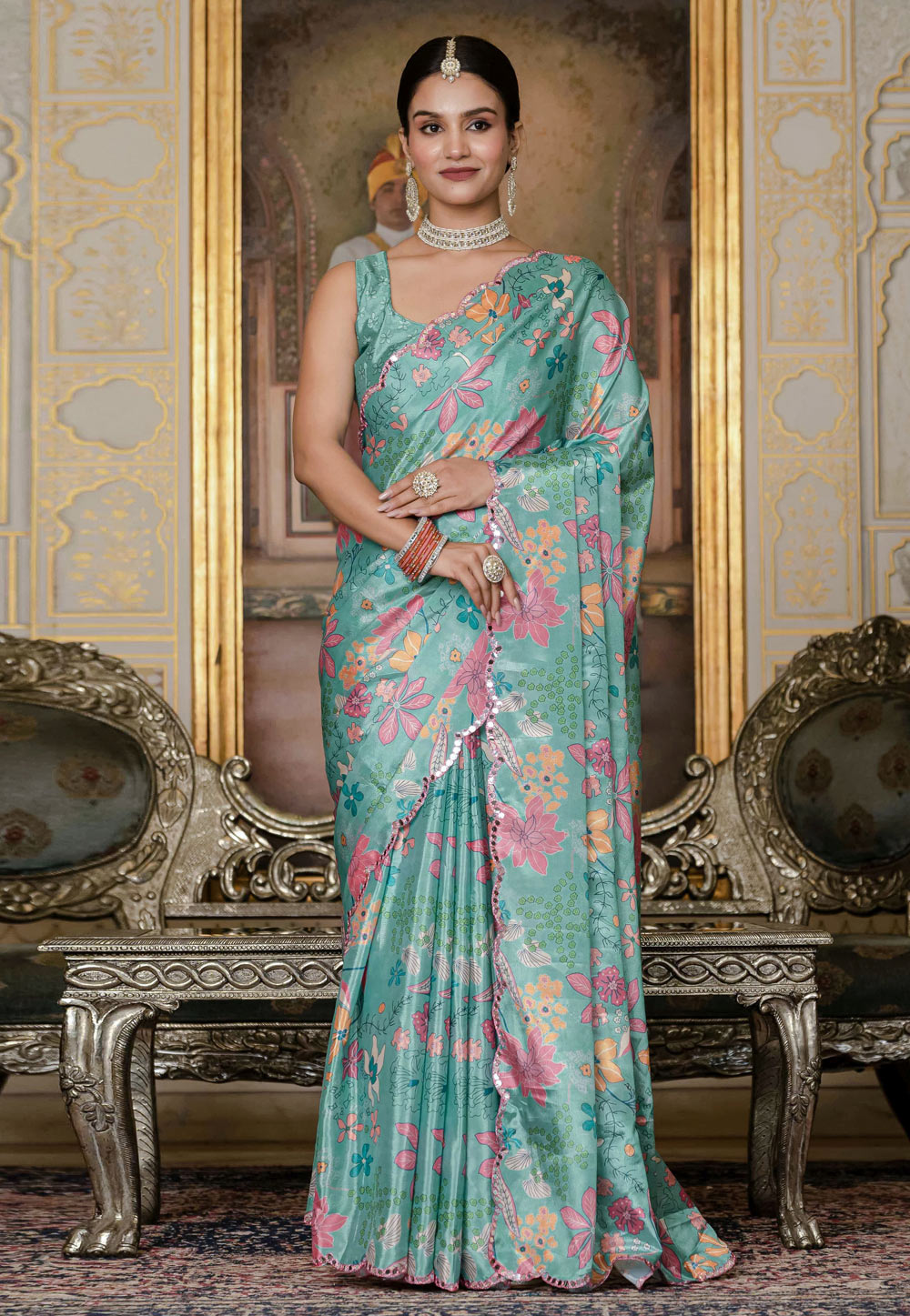 Sea Green Chinon Lehenga Saree 318027