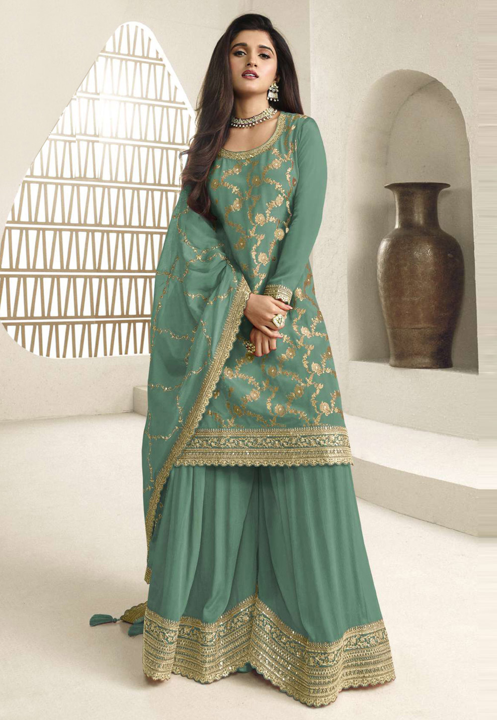 Sea Green Chinon Pakistani Suit 330402