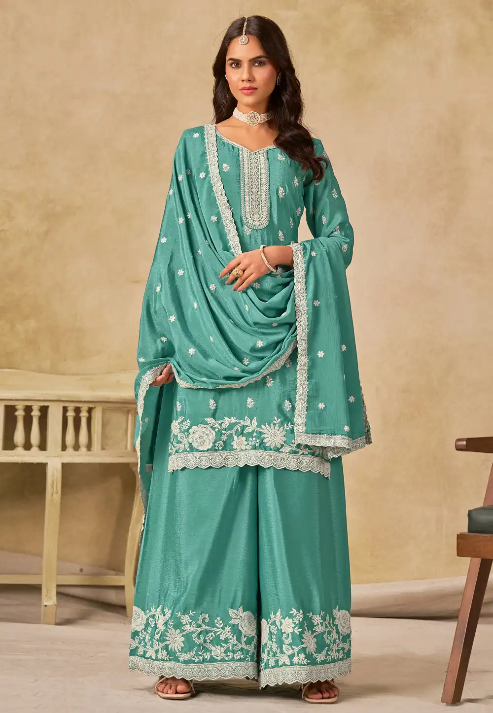 Sea Green Chinon Palazzo Suit 317792