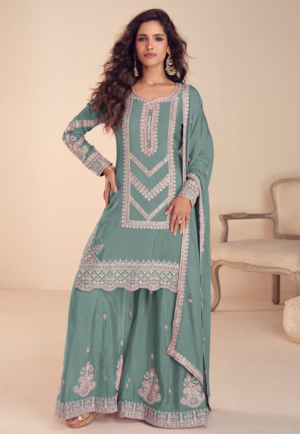 Sea Green Chinon Palazzo Suit 325561