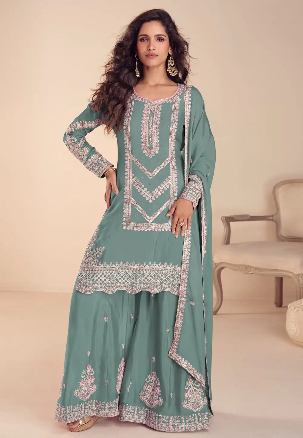 Sea Green Chinon Palazzo Suit 325561