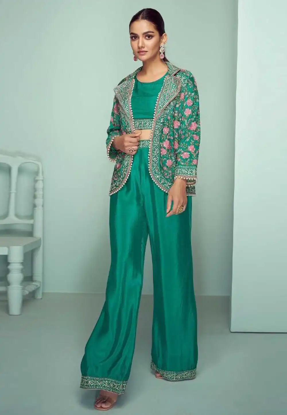 Sea Green Chinon Palazzo With Crop Top 326620