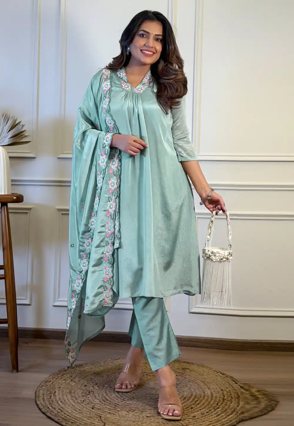 Sea Green Chinon Readymade Anarkali Suit 310305