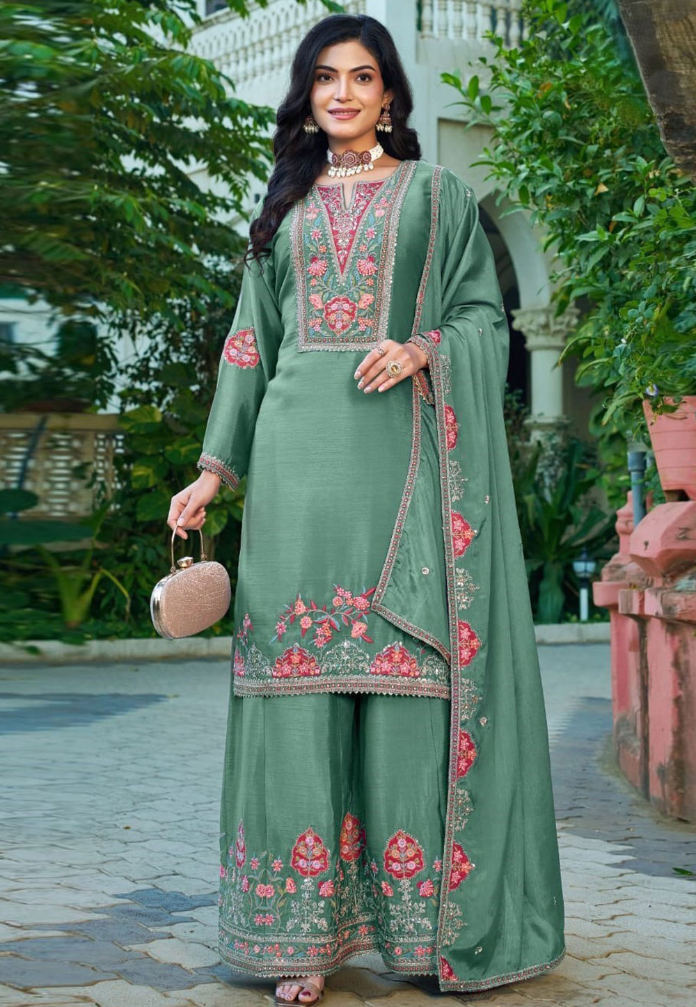 Sea Green Chinon Readymade Pakistani Suit 328315
