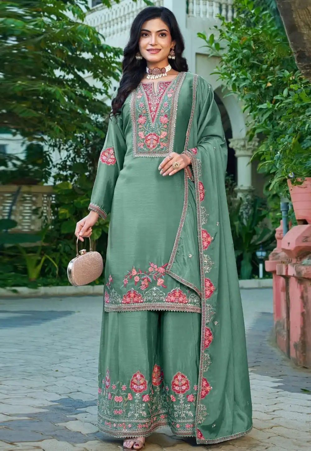 Sea Green Chinon Readymade Pakistani Suit 328315