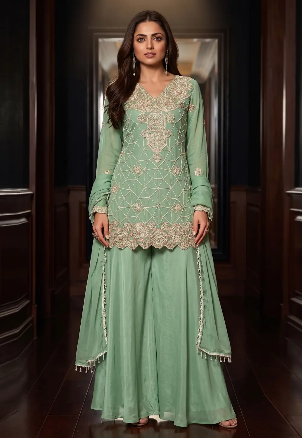Sea Green Chinon Readymade Pakistani Suit 332088