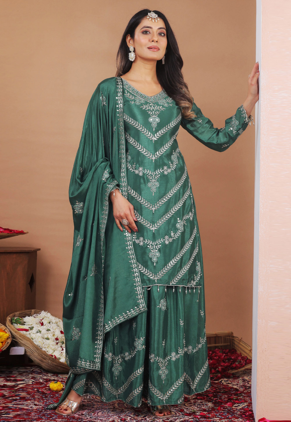 Sea Green Chinon Readymade Palazzo Suit 323691