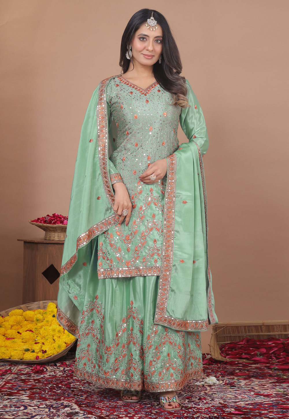 Sea Green Chinon Readymade Palazzo Suit 329432