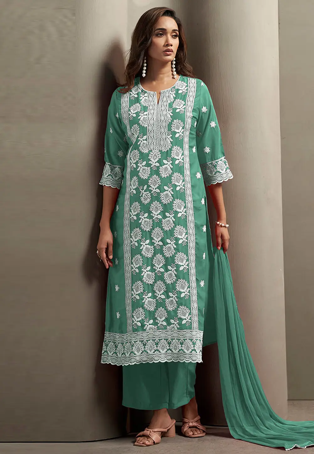 Sea Green Chinon Readymade Pant Style Suit 334222