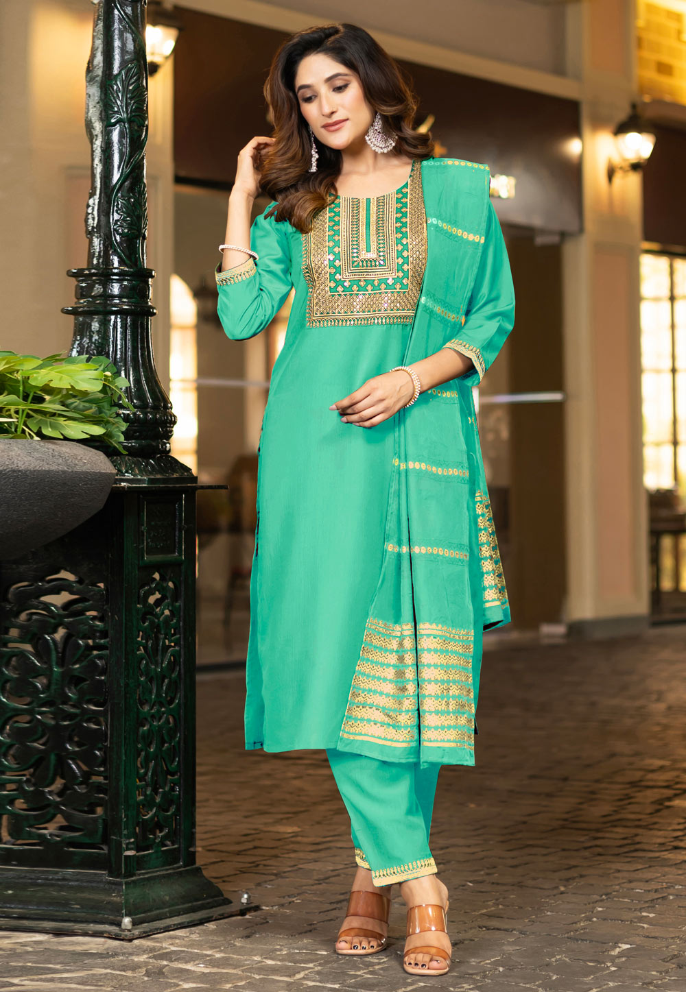 Sea Green Chinon Readymade Pant Style Suit 321821