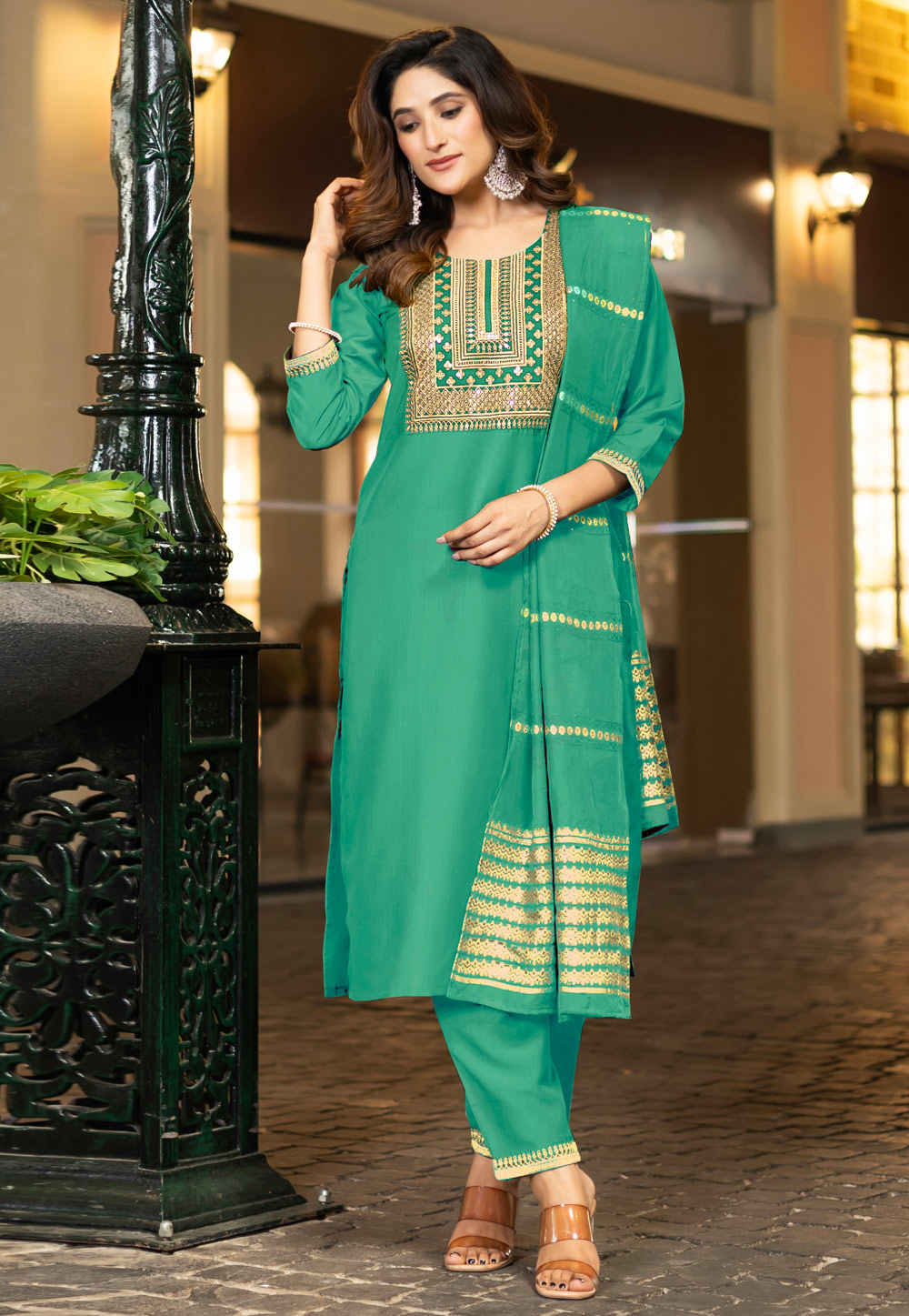 Sea Green Chinon Readymade Pant Style Suit 321821