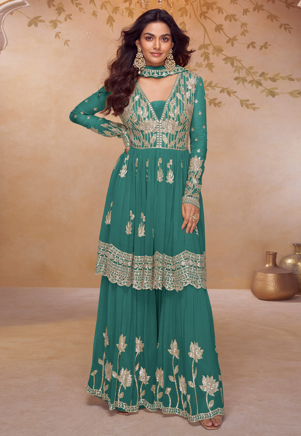 Sea Green Chinon Sharara Suit 325558