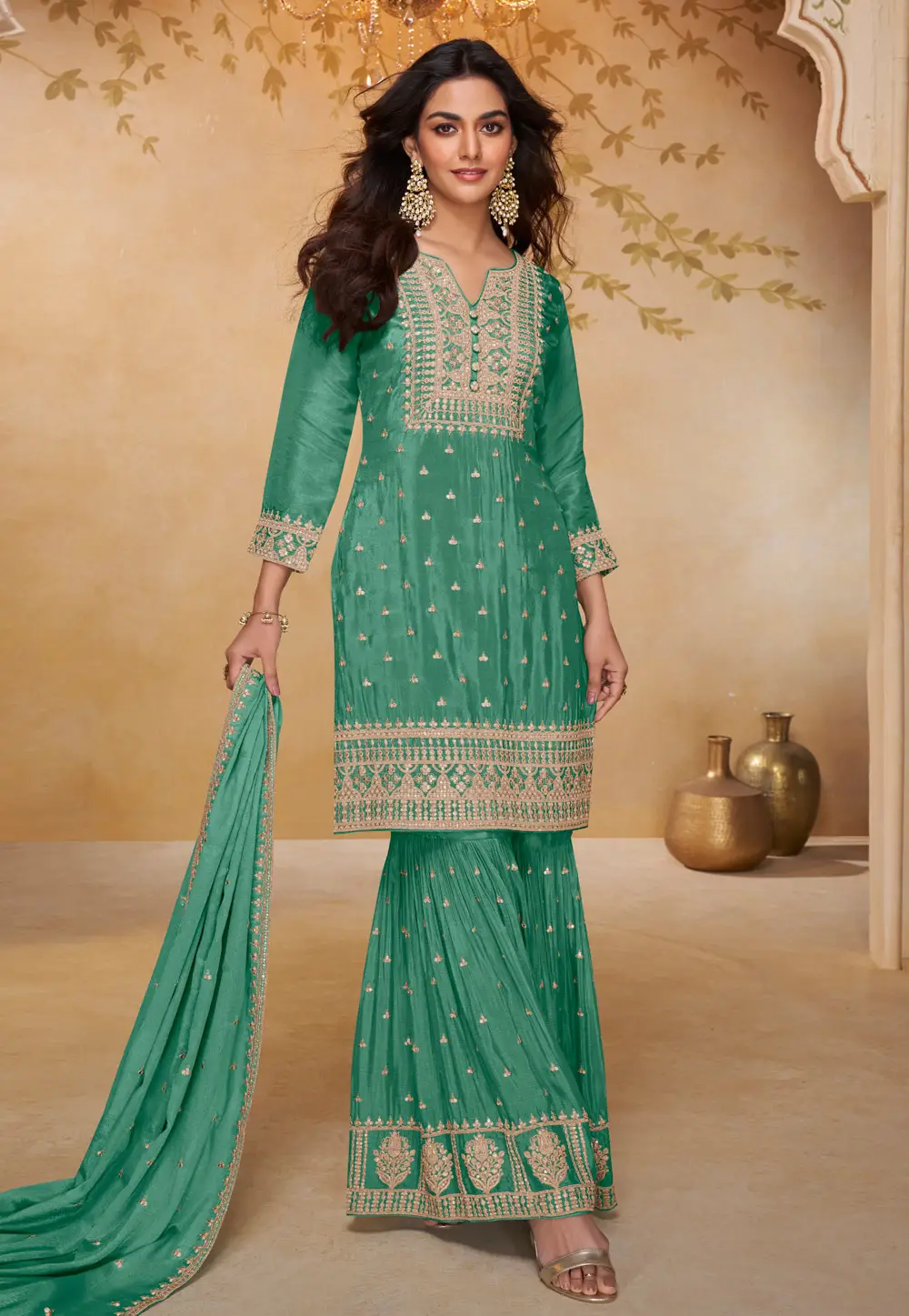 Sea Green Chinon Sharara Suit 335654