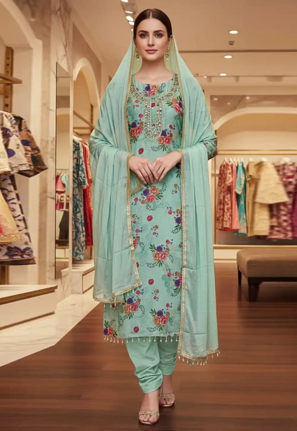Sea Green Chinon Silk Churidar Suit 330639