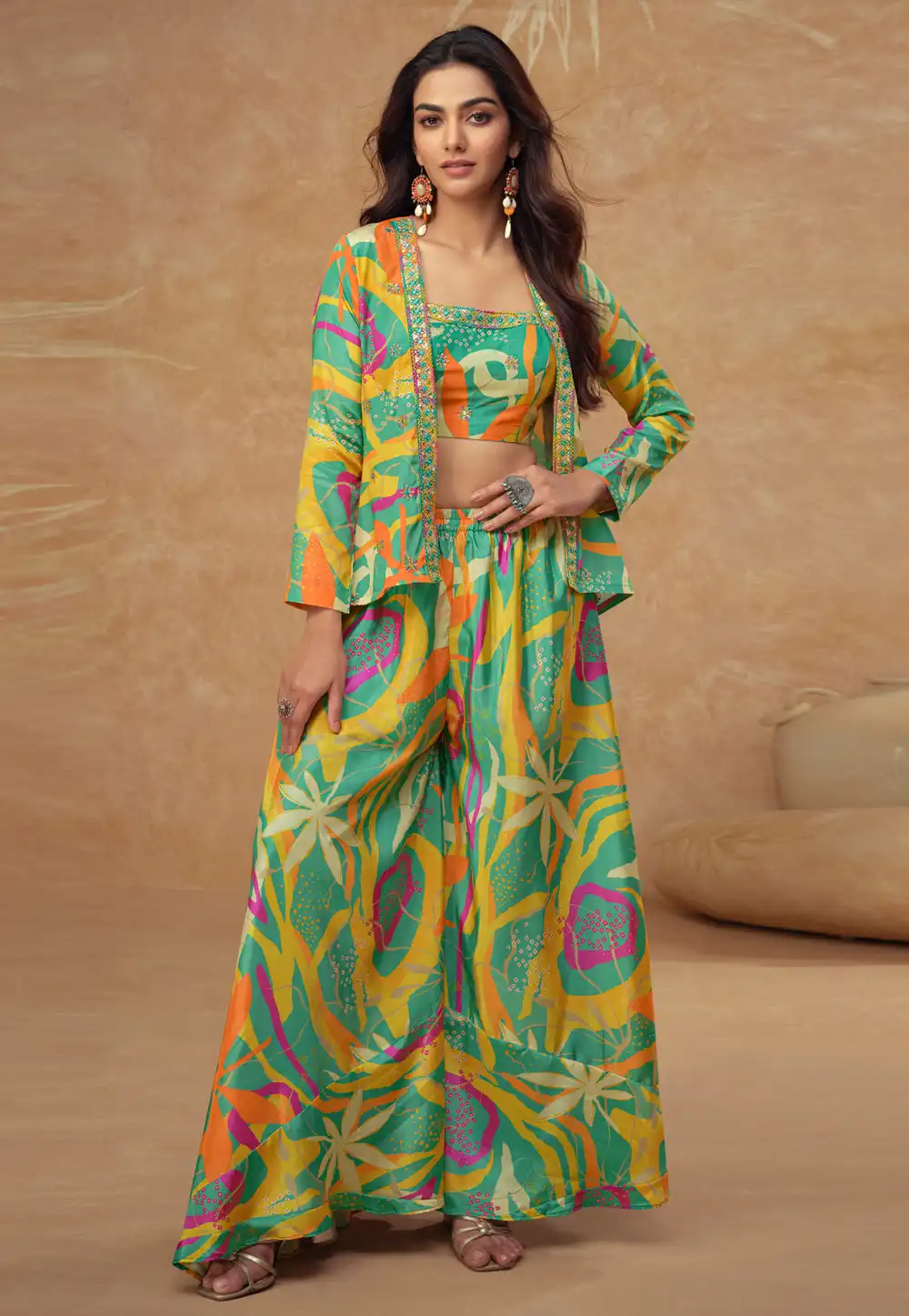 Sea Green Chinon Silk Palazzo With Crop Top 318830