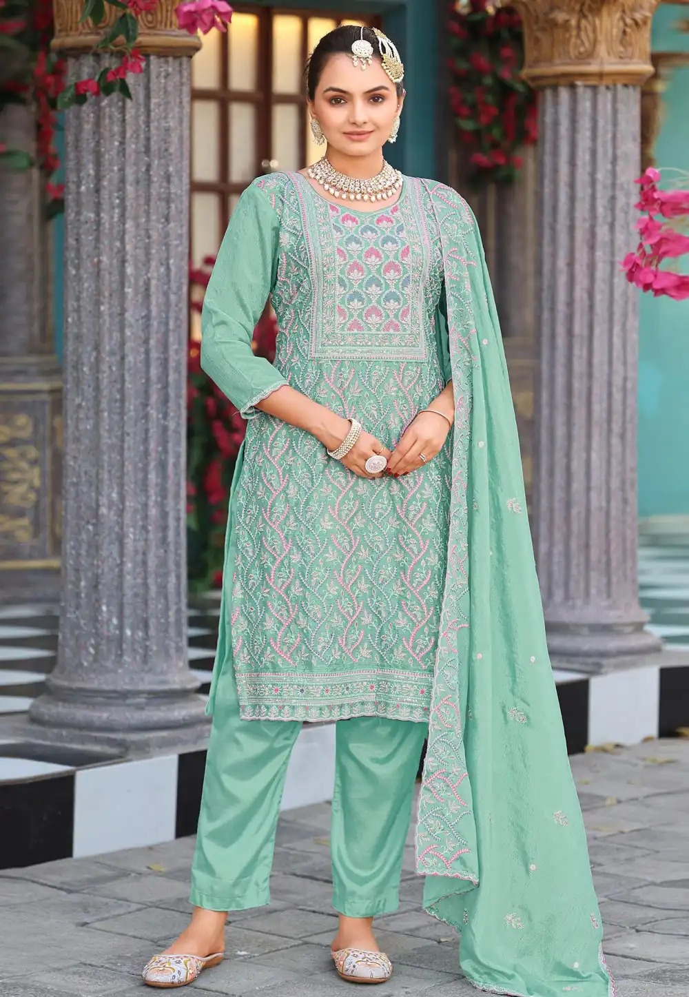 Sea Green Chinon Silk Readymade Pant Style Suit 320923