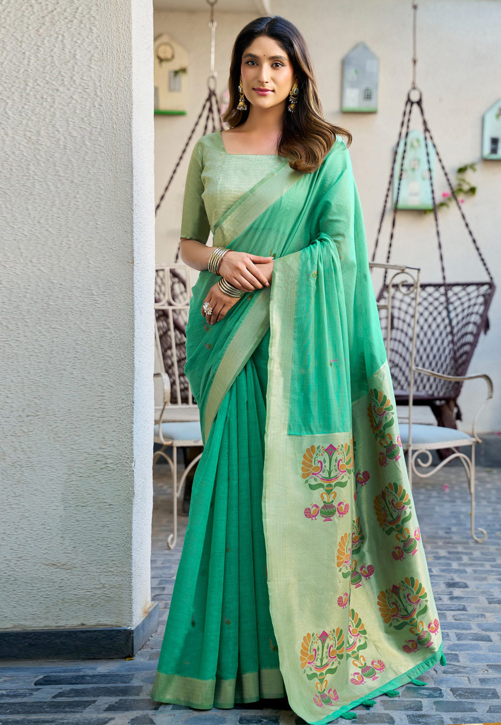 Sea Green Cotton Jacquard Saree With Blouse 327377