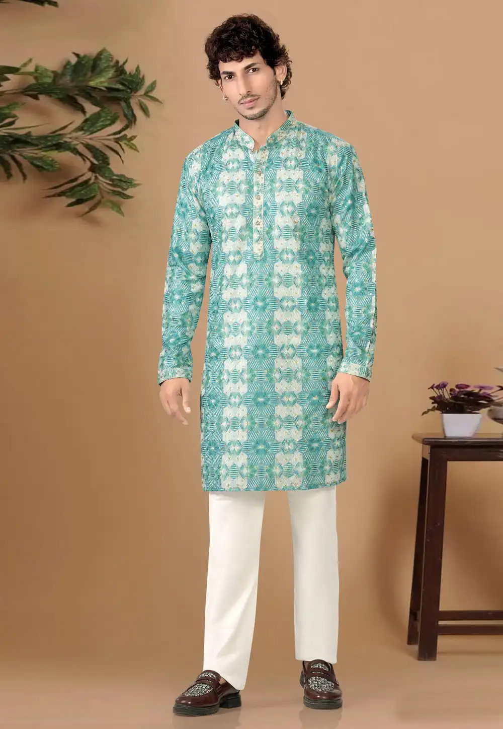 Sea Green Cotton Kurta Pajama 325831