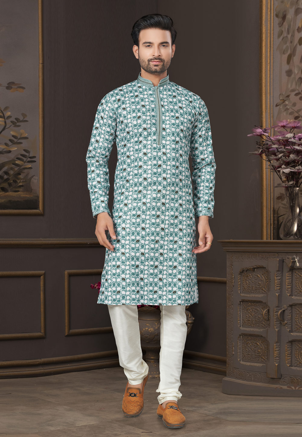 Sea Green Cotton Kurta Pajama 280986