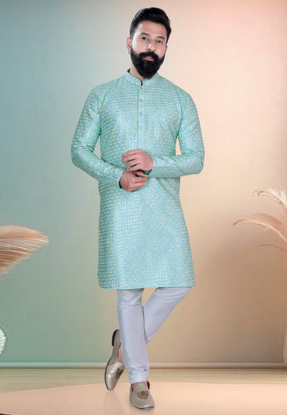 Sea Green Cotton Kurta Pajama 318598