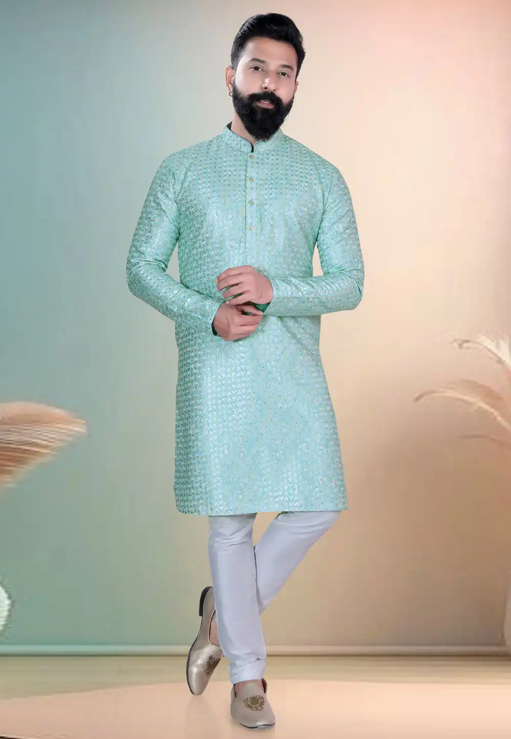 Sea Green Cotton Kurta Pajama 318598