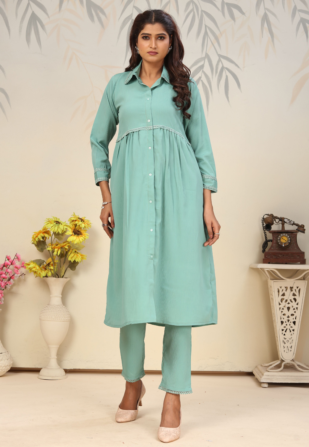 Sea Green Cotton Kurta Set With Pant 310528
