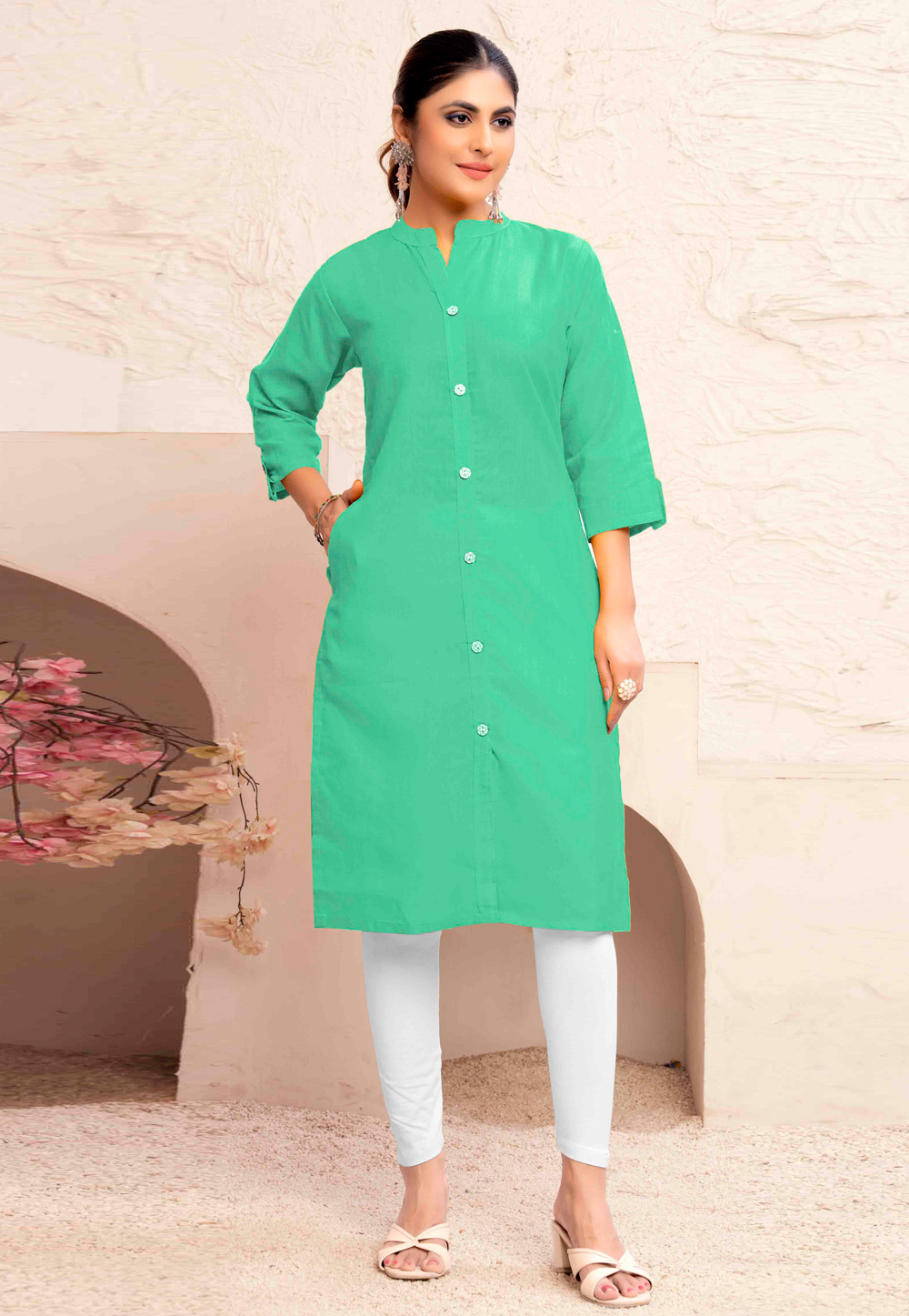 Sea Green Cotton Kurti 324636