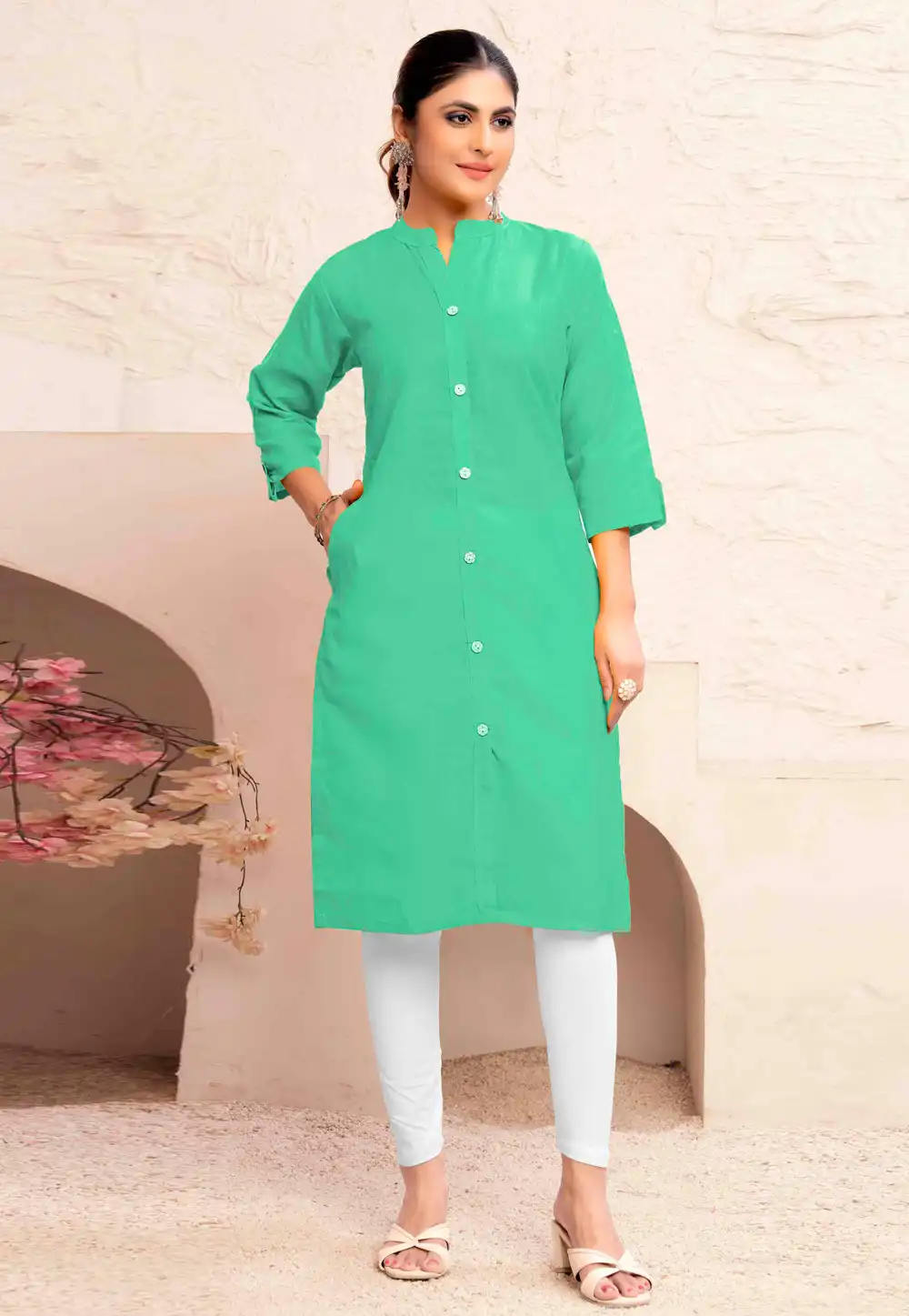 Sea Green Cotton Kurti 324636