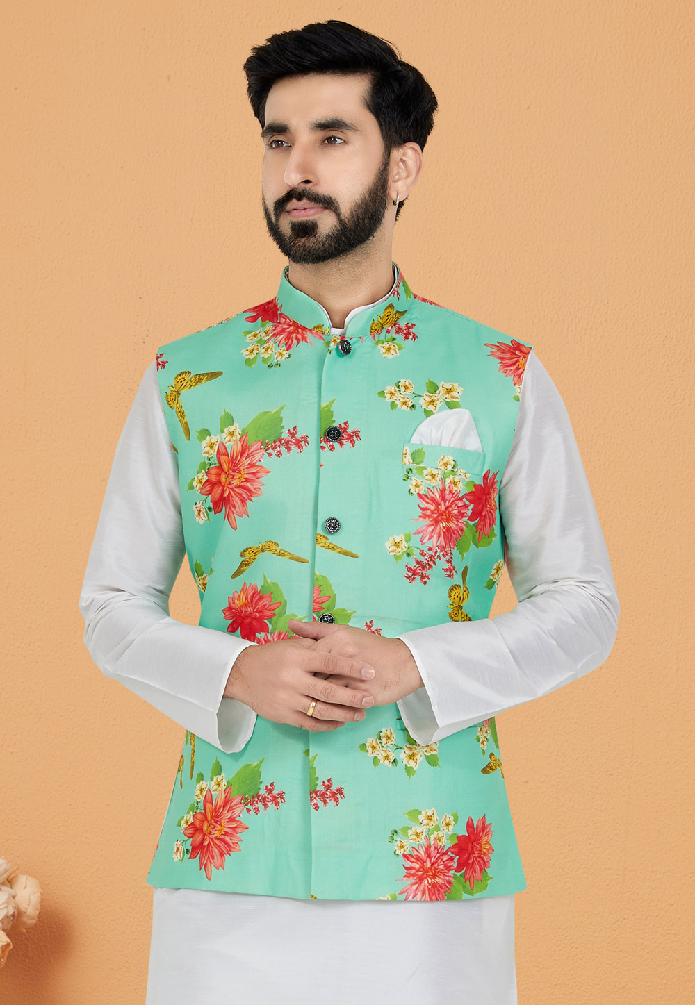 Sea Green Cotton Nehru Jacket 286775